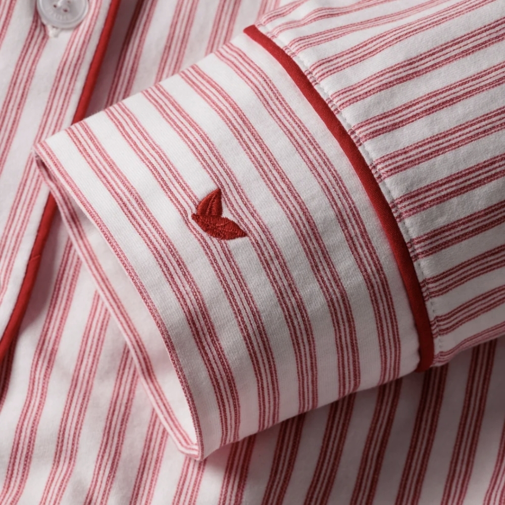Petite Plume Pima Pajama Set In Antique Red Size Large Striped Embroidered EUC - Picture 7 of 16